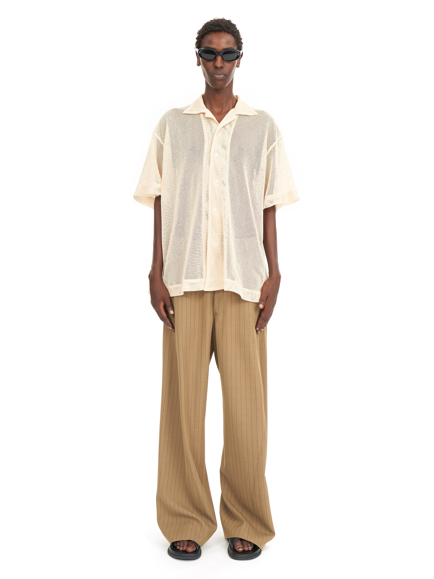 MESH OPEN COLLAR SHIRTS #BEIGE [241-01-0102M]