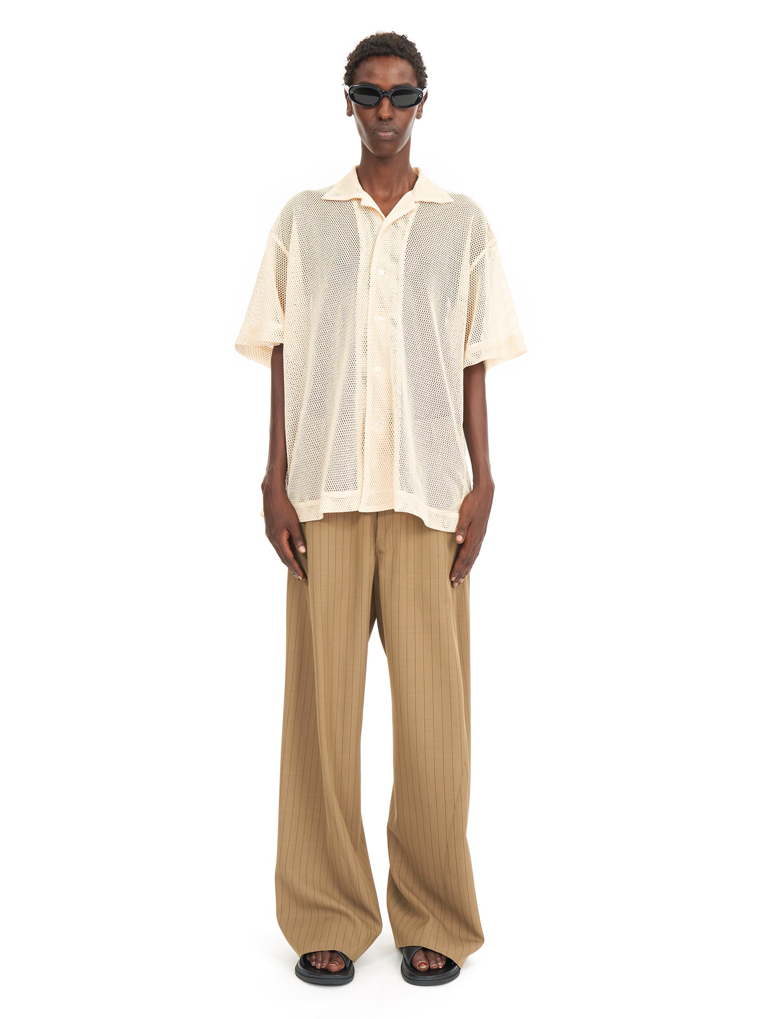 MESH OPEN COLLAR SHIRTS #BEIGE [241-01-0102M]