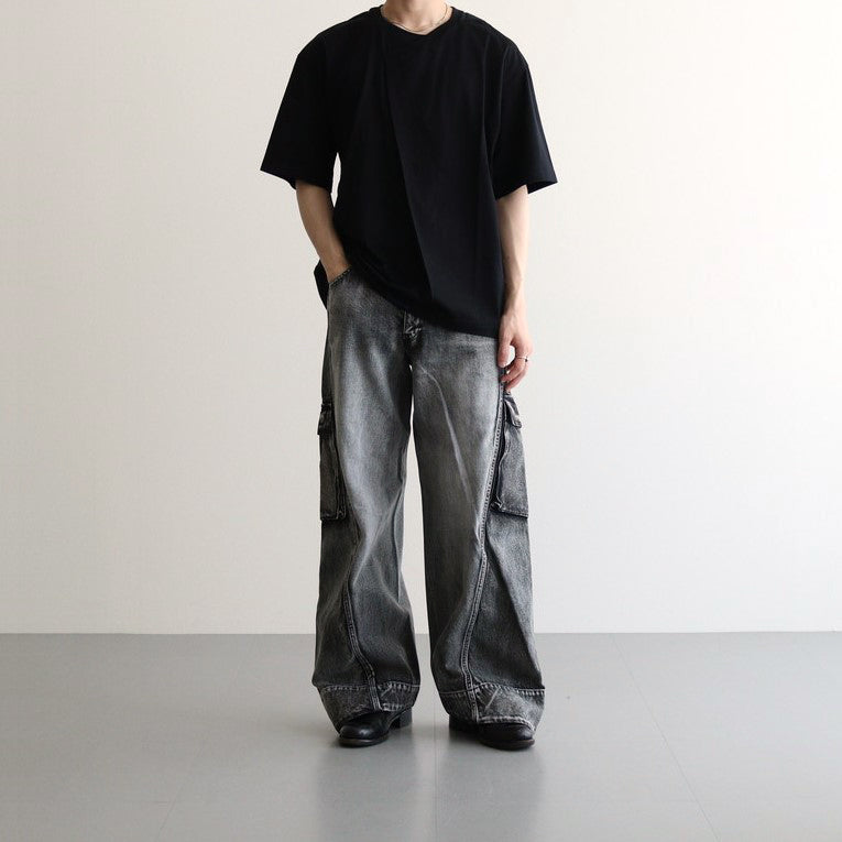 Y NECK T-SHIRTS #BLACK [TS-01-0001]