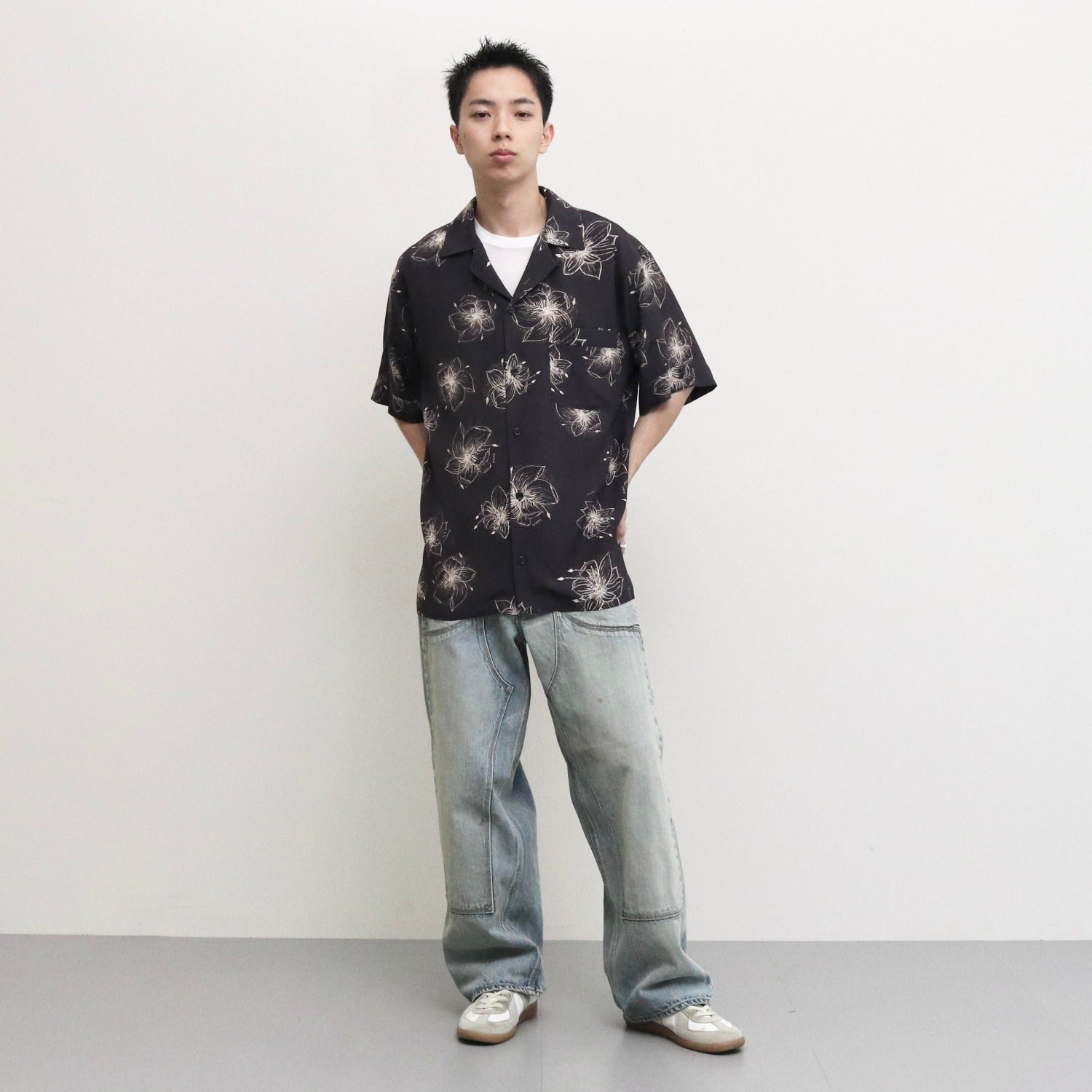HAWAIIAN H/S SHIRT #BLACK/CREAM [TI4009]